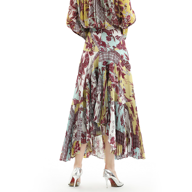 S069 Women Retro print panelled asymmetric pleated ruffle long flare skirt