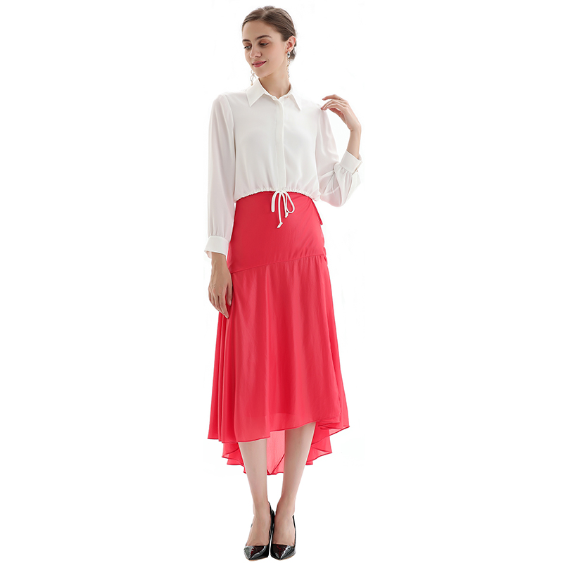 S070 Women Solid wrap design panelled asymmetric casual midi skirt