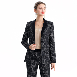 J155 Women Lace bonded fabric combo velvet notched lapel tailored-cut single-breasted blazer