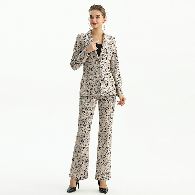 J156 Women Floral lace bonded fabric notched lapel tailored-cut single-breasted blazer