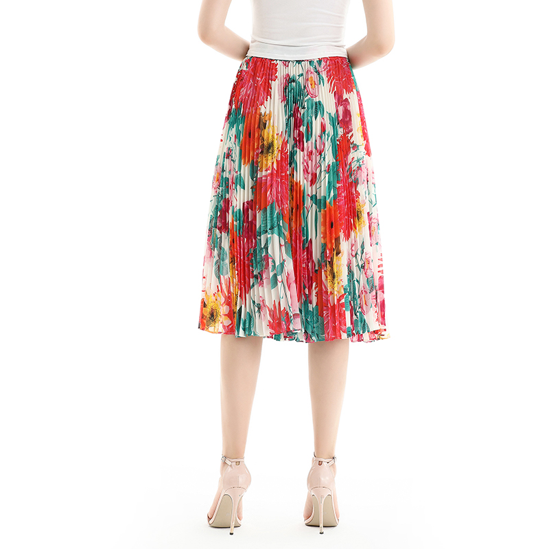 S076 Women Floral print chiffon pleated casual midi skirt