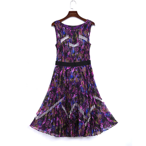 V795 Women Floral print chiffon color-block tulle-panelled pleated midi dress