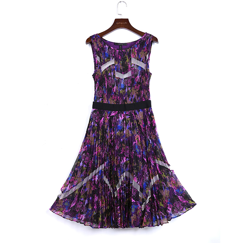 V795 Women Floral print chiffon color-block tulle-panelled pleated midi dress