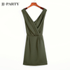 N849 Women Solid V-neck cross back sleeveless mock wrap cinched waist mini dress