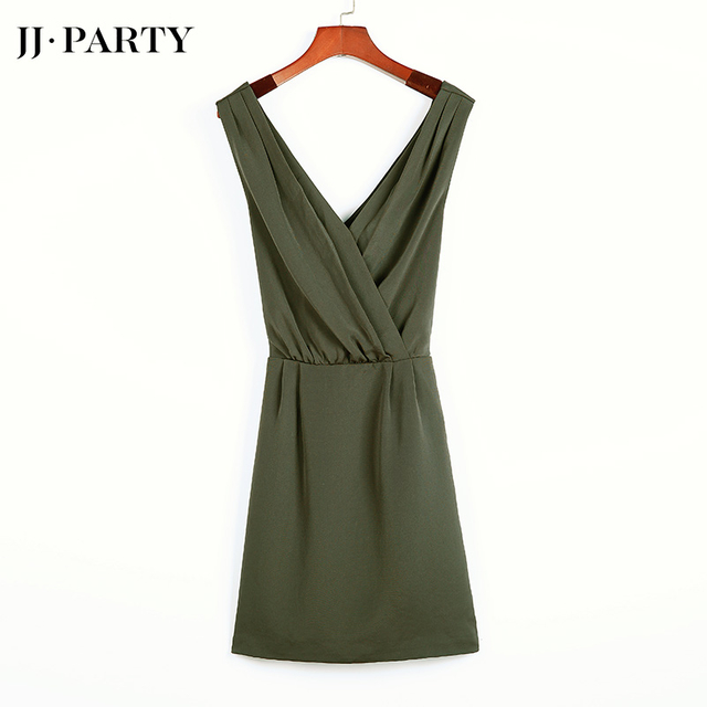 N849 Women Solid V-neck cross back sleeveless mock wrap cinched waist mini dress