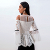 T121 Women Floral eyelash lace Swiss-dot combo long sleeves cold shoulder party peplum Blouse