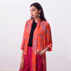 T058 Women Floral print lantern sleeves asymmetric hem neck tie shirt