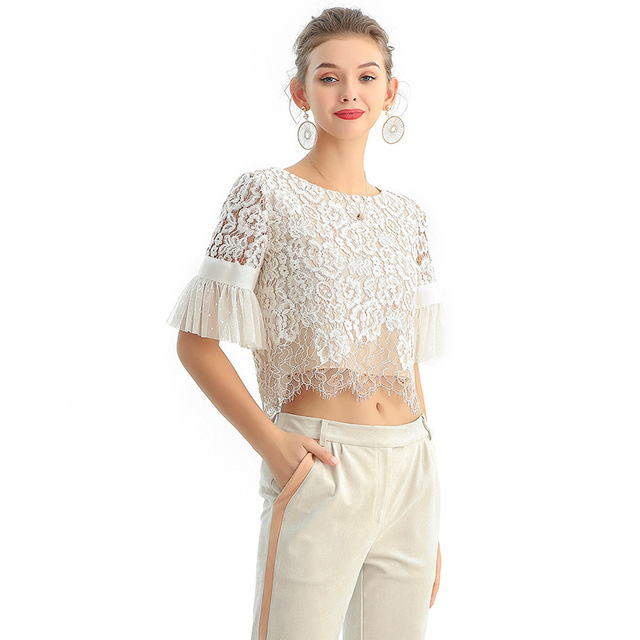 T122-2 Women 2-tone floral lace boat neck ruffled short sleeves blouse