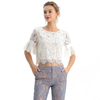 T122-3 Women Scallop floral lace Swiss-dot ruffled short sleeves blouse