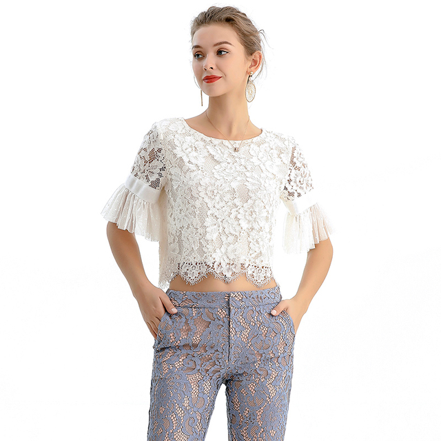 T122-3 Women Scallop floral lace Swiss-dot ruffled short sleeves blouse