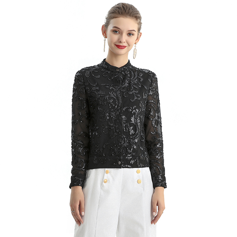 T123 Women Sequin beads embellished band collar long sleeves evening blouse jacket