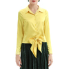 T043 Women Stretch satin shirt collar waist tie long sleeves blouse