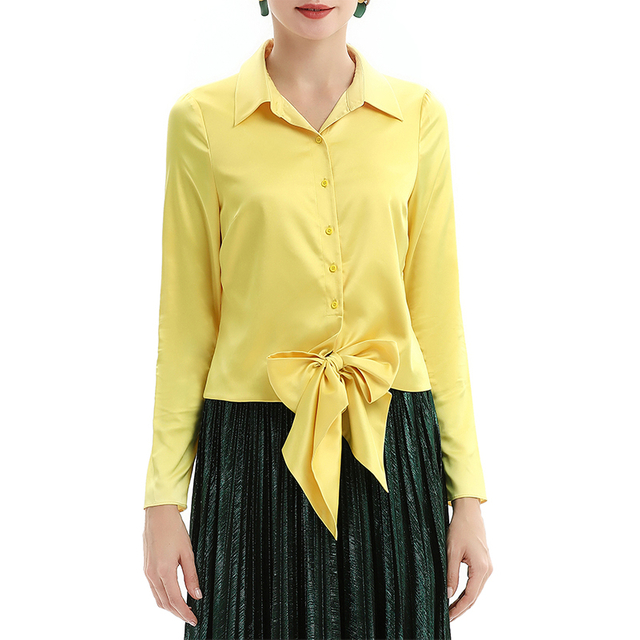T043 Women Stretch satin shirt collar waist tie long sleeves blouse