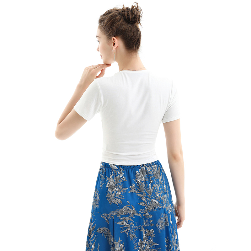 T061 Woman Cotton spandex short sleeves waist sash casual knit tops