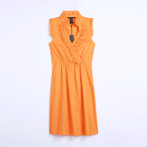 B528 Women Cotton V neck sleeveless ruffle detail straight hem mini dress