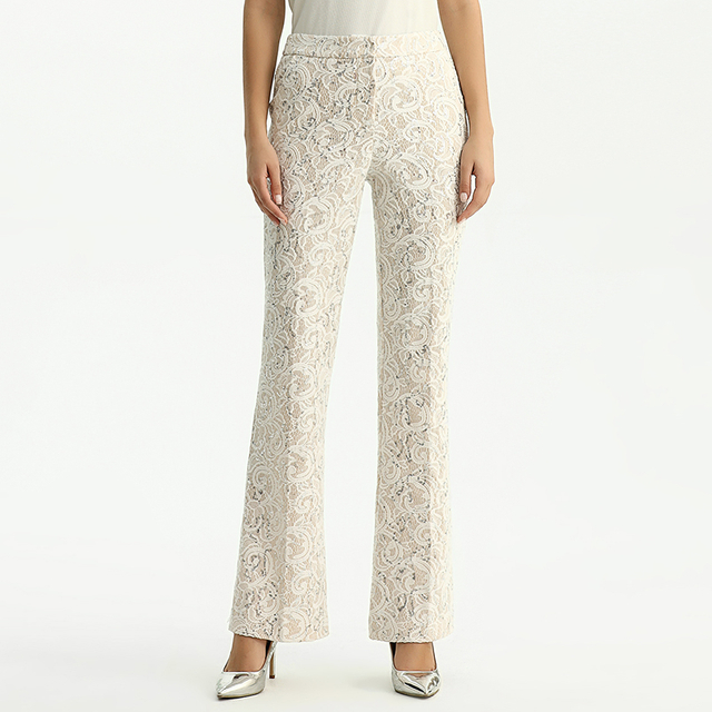  P147-3 Women Ivory lace bonded fabric mid-rise straight leg evening long pants