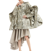 C142 Women Metallic bubble jacquard notch collar over size ruffle detailed double breasted over coat