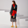 C153 Women Wool plaid combo satin notched lapel faux leather long sleeves tailored-cut single-breasted winter over coat
