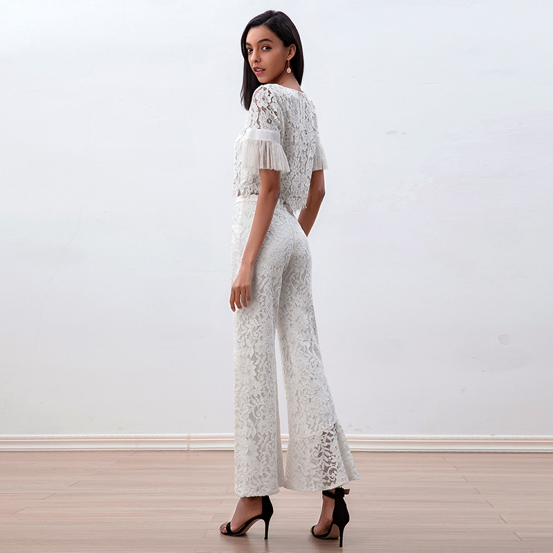 P219 Women All-over floral lace asymmetric cascading ruffles party pants