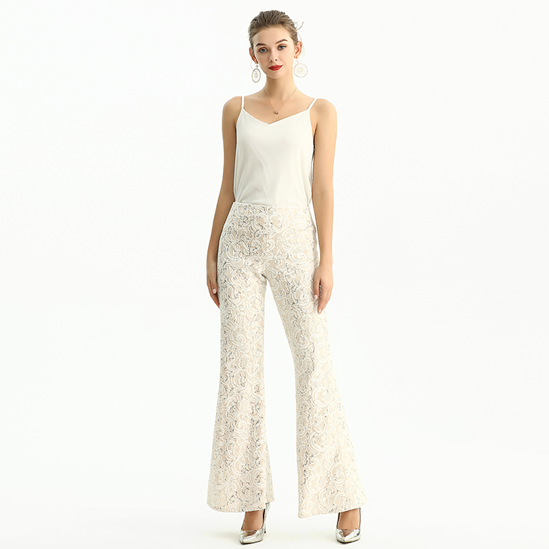 P159-1 Women Ivory bonded sequin lace boot-cut full length evening pants.