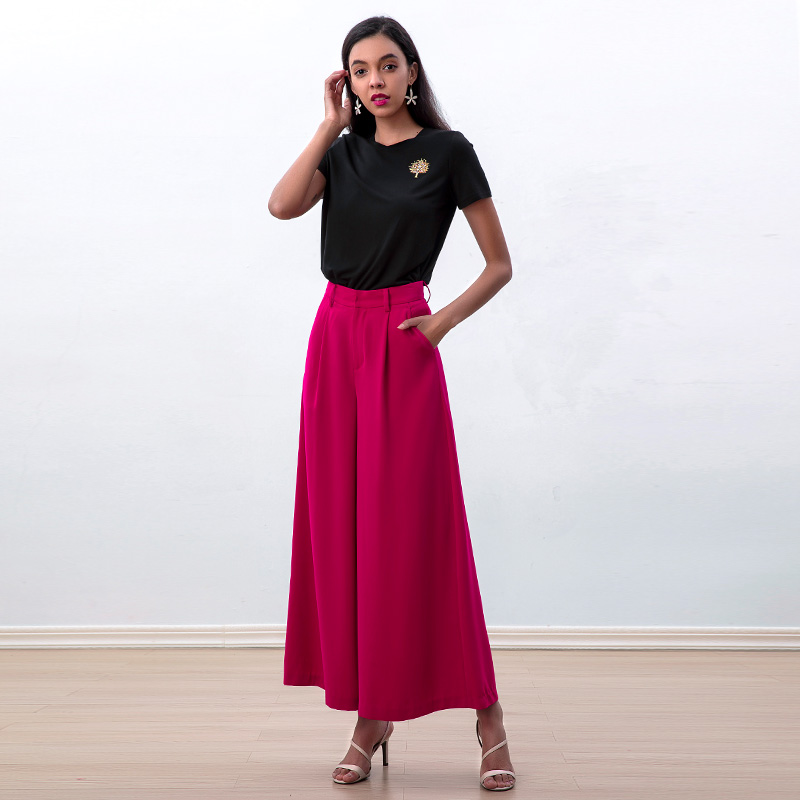 P223 Women Solid crepe high-waisted pleated wide leg cropped pants