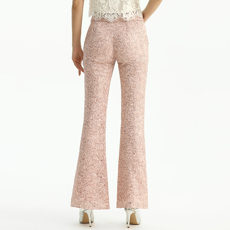 P164-1 Women Scattered sequin floral lace mid-rise boot-cut tailored evening trousers