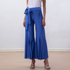 P232 Women Solid high-waisted belted front slit flare leg cropped pants
