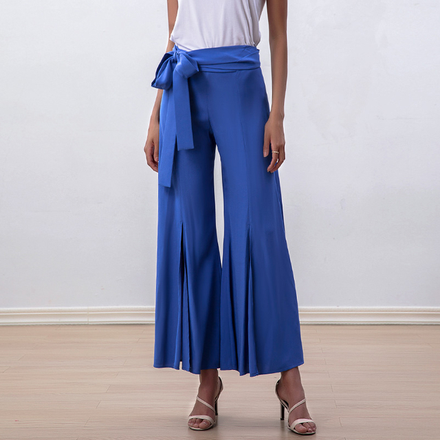 P232 Women Solid high-waisted belted front slit flare leg cropped pants