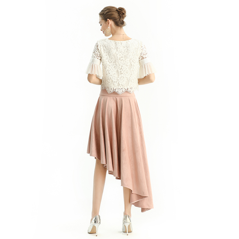 S145-1 Women Faux suede wide waistband full circle high low asymmetric flare skirt