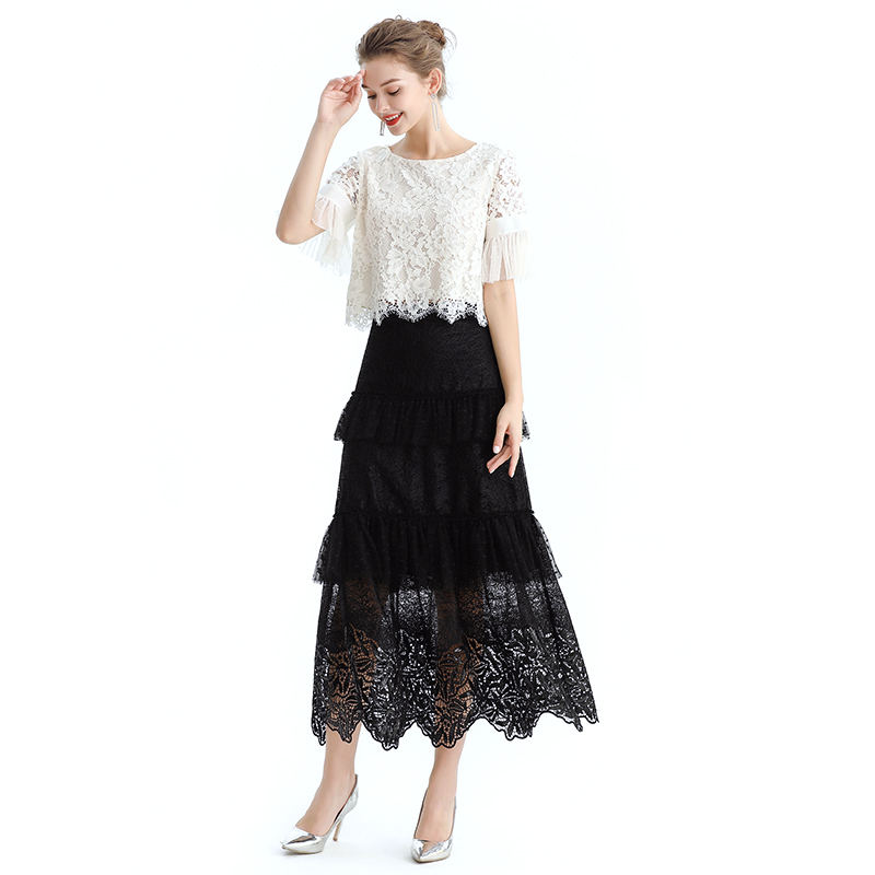 S167 Women Sequin embellished lace Swiss dot tulle tiered ruffle long evening skirt