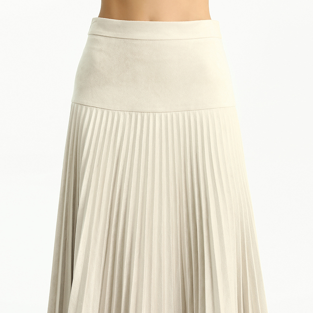 S135 Women Faux suede yoke design sunburst pleated midi skirt