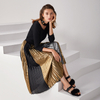 C027A Women Metallic printed color-block full circle sunburst pleated evening midi skirt