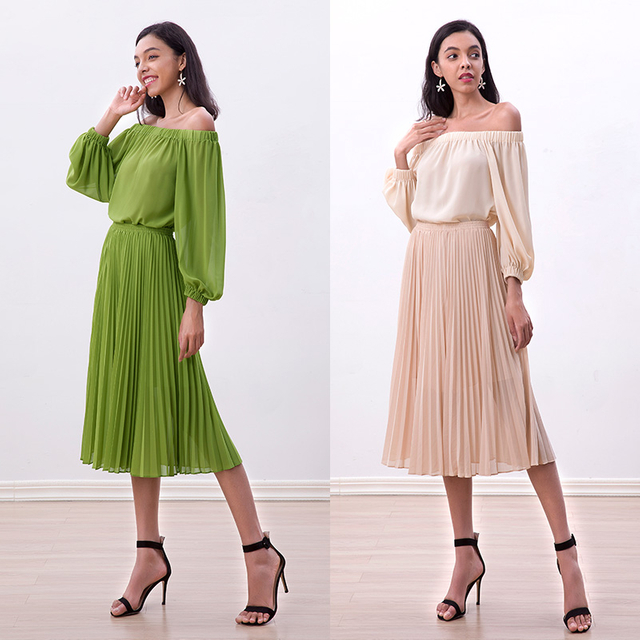 S176-1 Women Solid georgette full circle sunburst pleated midi casual skirt
