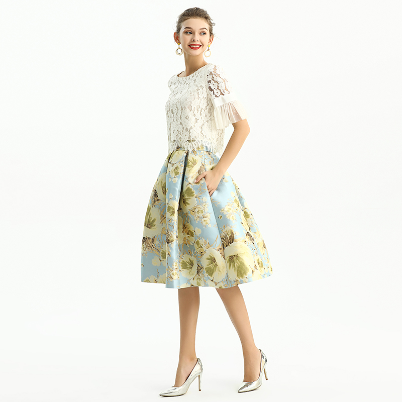S137-2 Women Metallic floral jacquard inverted pleat A-line midi skirt