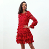 D271 Women Cut out embroidery long puff sleeves ruffle-tiered evening mini dress
