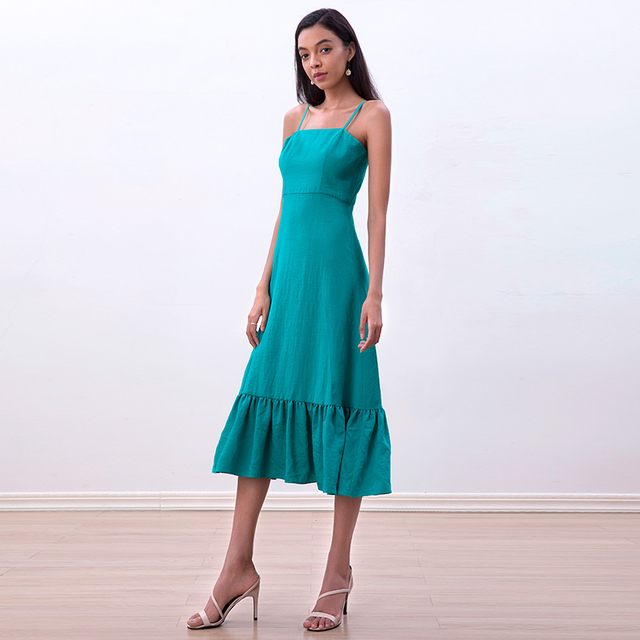 D261-2 Women Solid strappy tiered ruffle flared midi party dress
