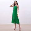 D261-1 Women Solid chiffon strappy tiered ruffle flared midi party dress