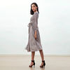 D265 Women Leopard print chiffon long puff sleeves wrap design pleated midi dress