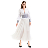 T032 Women Solid V-neck smocking details long puff sleeves blouse