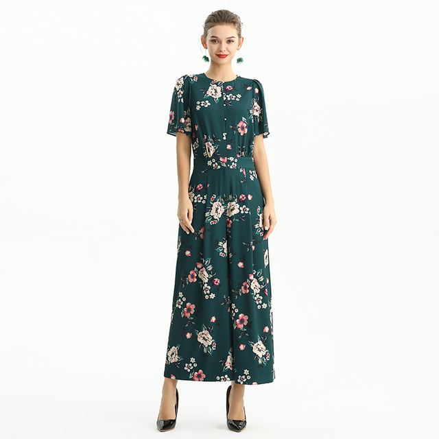 R160 Women Floral print short puff sleeves jumpsuit 