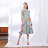 H628-1 Women Polyester print round neck cap sleeves flared midi dress