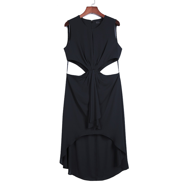 2A56 Women Solid round neck front draped design cut-out waist asymmetric hem day dress