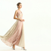 D209 Color Block Metallic Chiffon Pleated Maxi Evening Dress