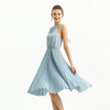 D208 Solid Satin Halter Neck Pleated Midi Evening Dress
