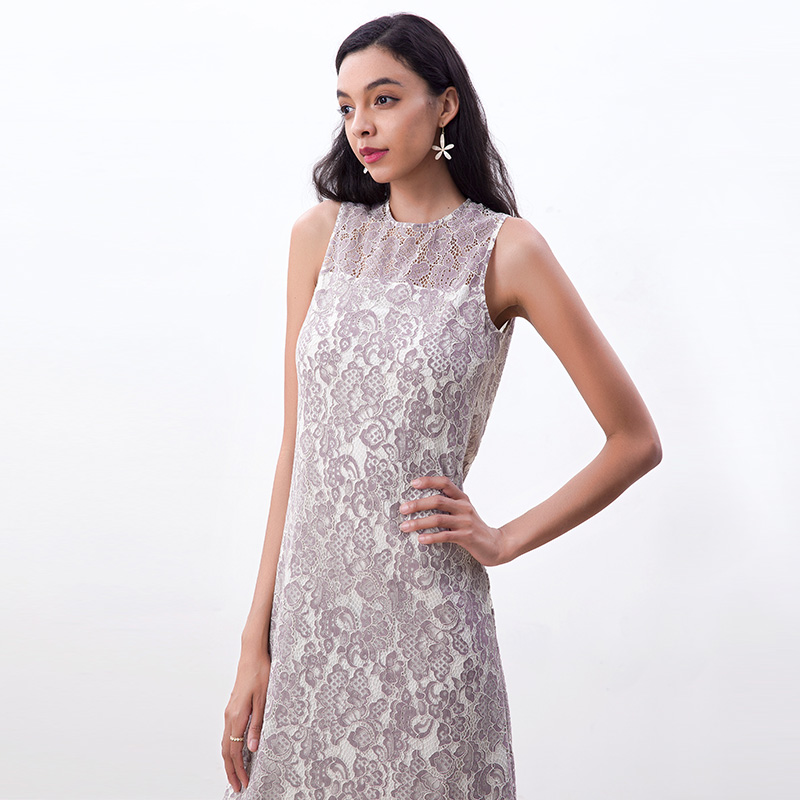 D098-3 Women Two-tone floral eyelash lace sleeveless straight-cut day and party midi dress