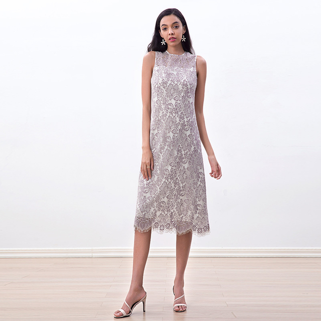 D098-3 Women Two-tone floral eyelash lace sleeveless straight-cut day and party midi dress