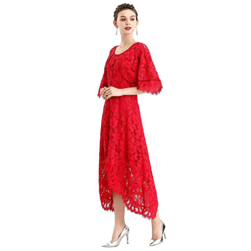 D078-5 Women floral lace cape sleeve flared asymmetric hem midi evening dress