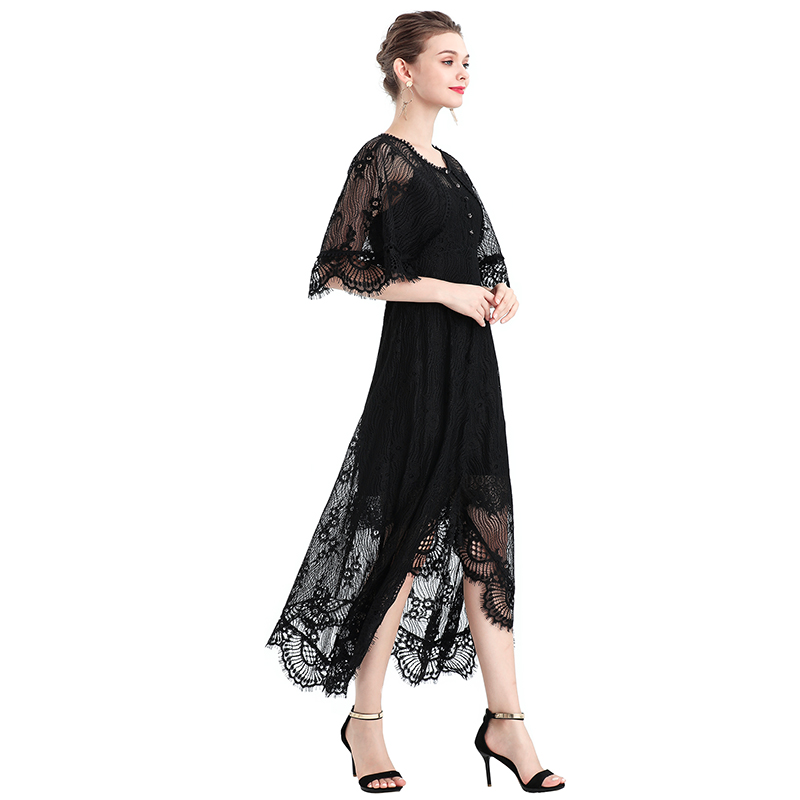 D078-2 Women floral lace cape sleeve flared asymmetric hem midi evening dress