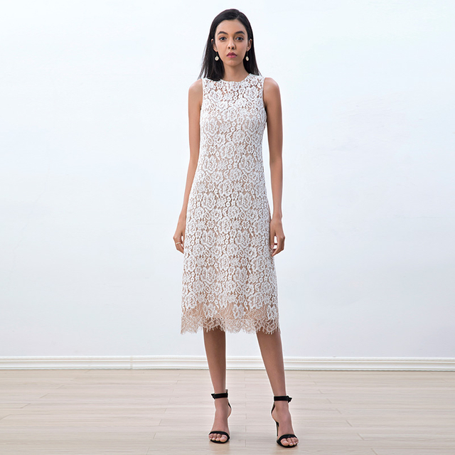 D098-2 Women two-tone eyelash lace sleeveless straight-cut party midi dress