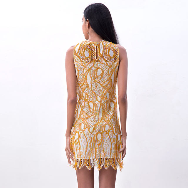 D097-1 Women fashion eyelash lace sleeveless fitted day and party mini dress